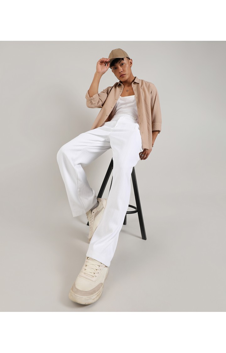 Men's Chalk White Solid Polyester Trousers