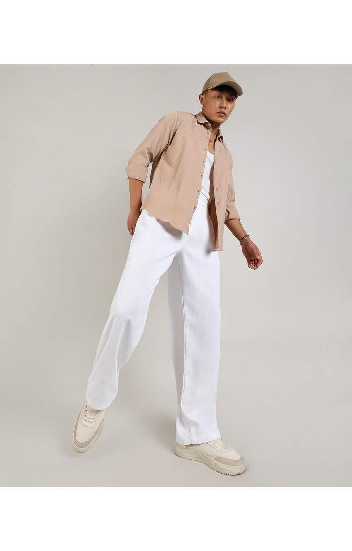 Men's Chalk White Solid Polyester Trousers