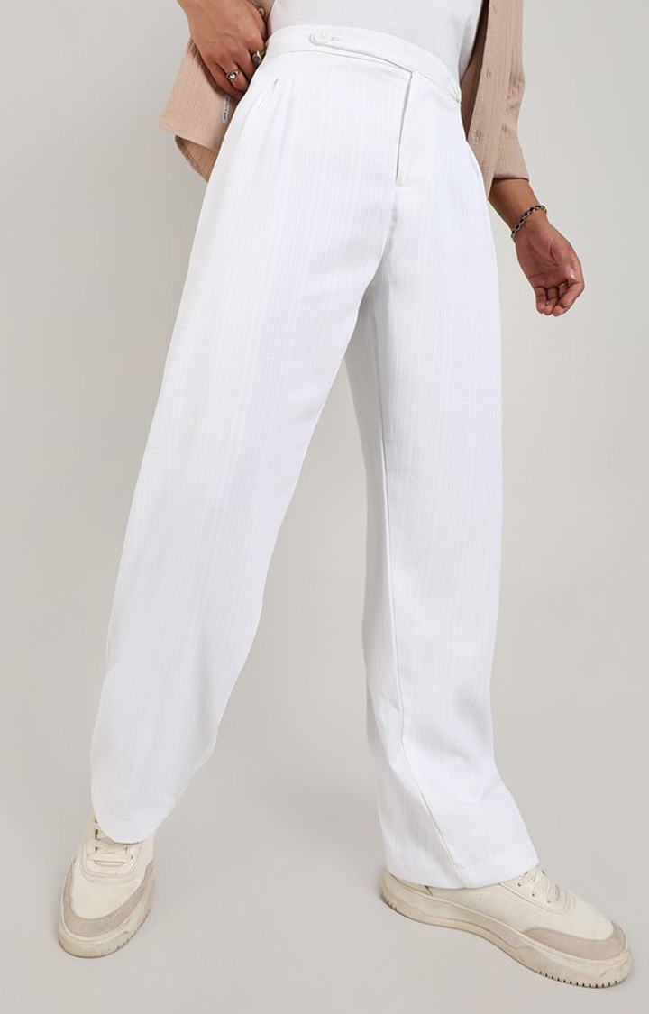 Men's Chalk White Solid Polyester Trousers