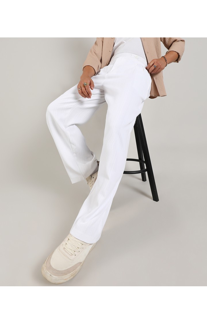 Men's Chalk White Solid Polyester Trousers