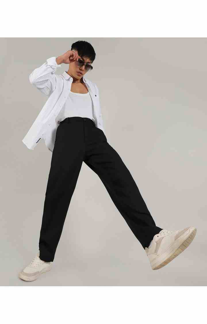 Men's Onyx Black Solid Polyester Trousers