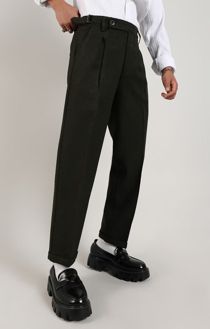 Men's Juniper Green Solid Polyester Trousers