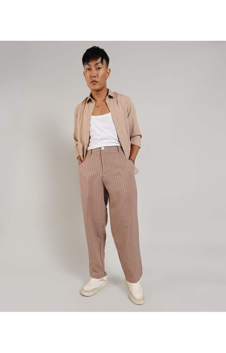 Men's Tan Brown Striped Polyester Trousers