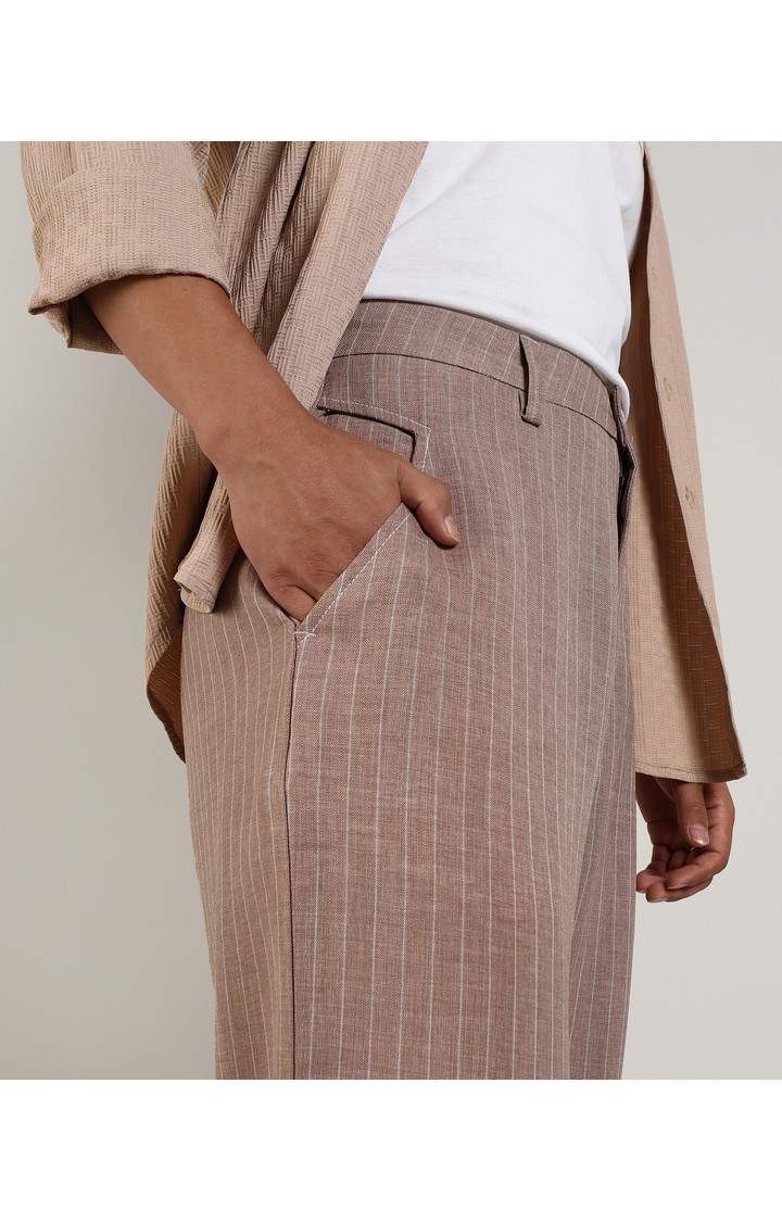 Men's Tan Brown Striped Polyester Trousers