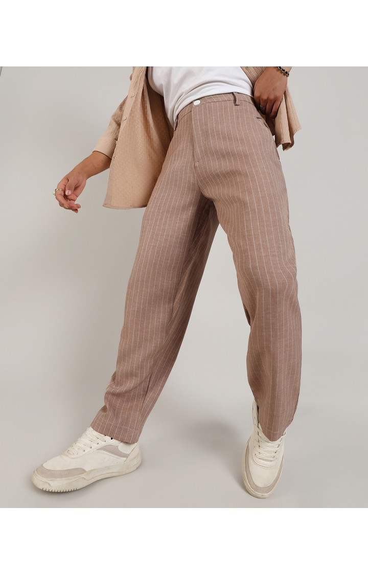Men's Tan Brown Striped Polyester Trousers
