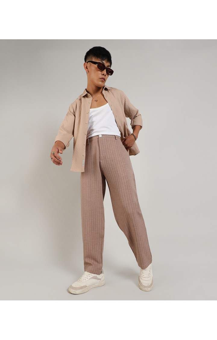 Men's Tan Brown Striped Polyester Trousers