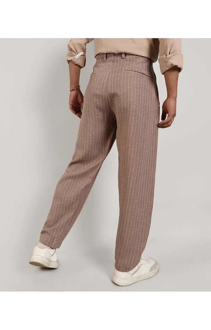 Men's Tan Brown Striped Polyester Trousers