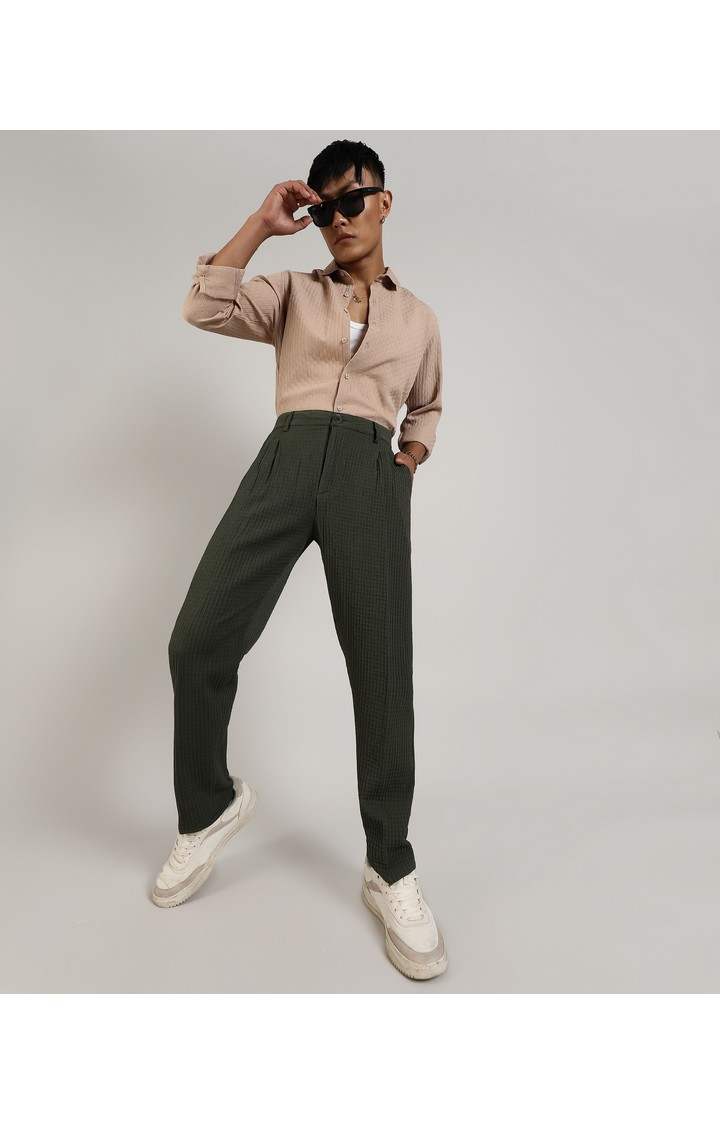 Men's Forest Green Solid Polyester Trousers