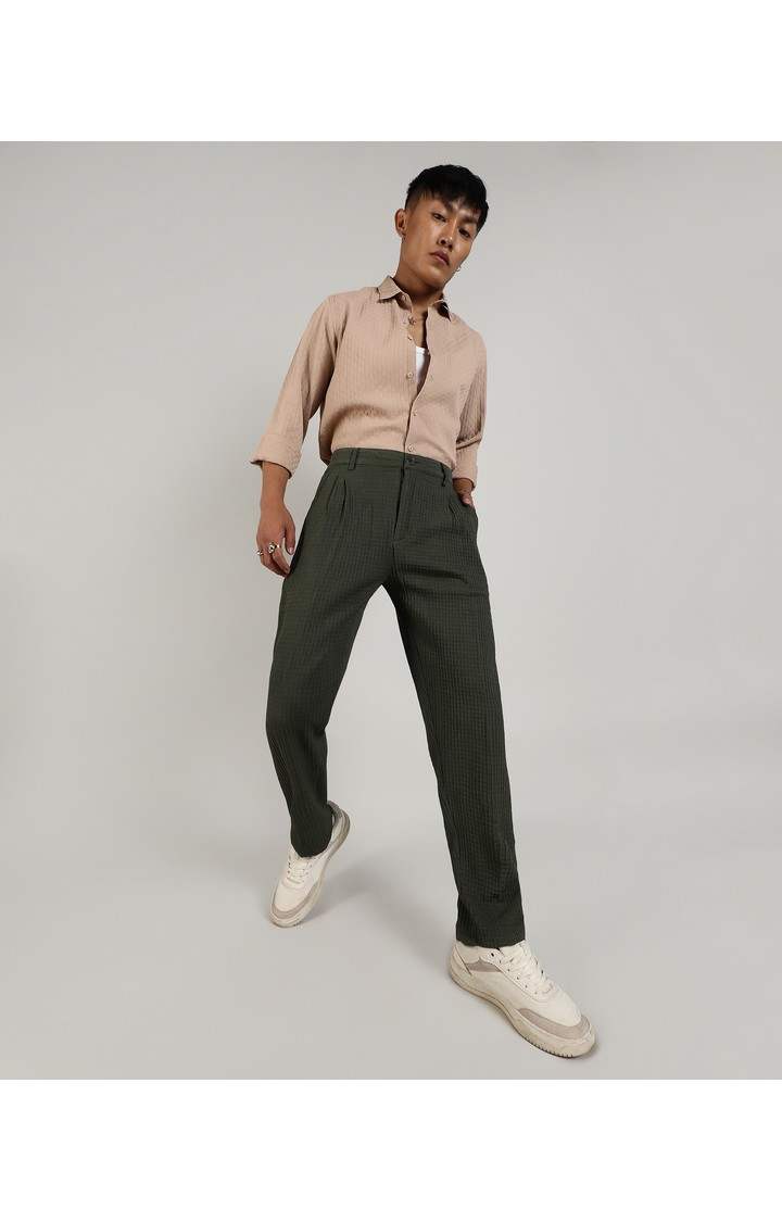 Men's Forest Green Solid Polyester Trousers