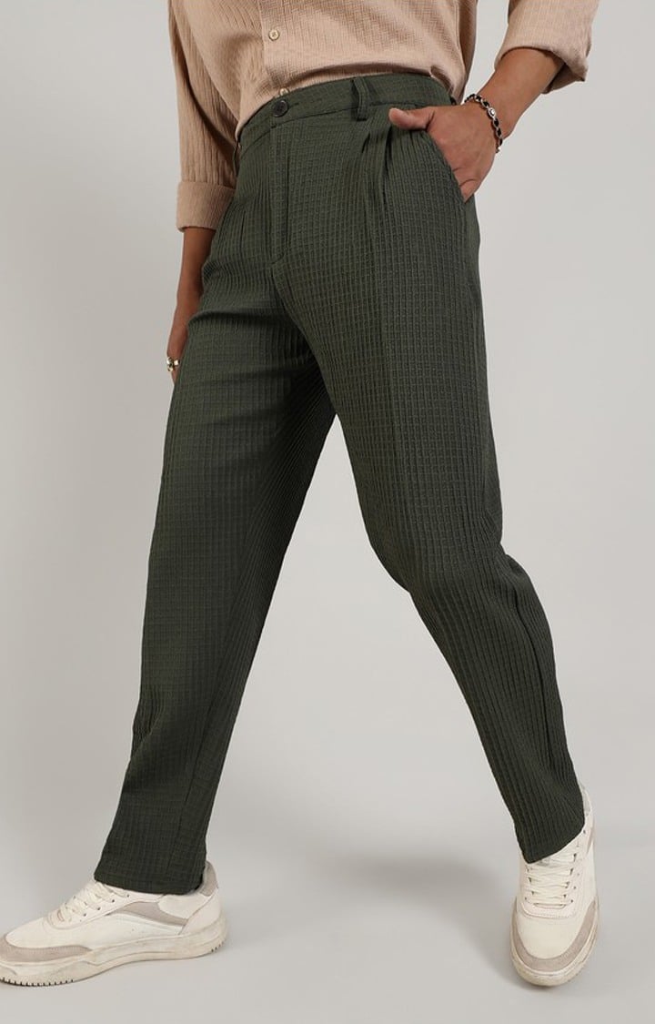 Men's Forest Green Solid Polyester Trousers