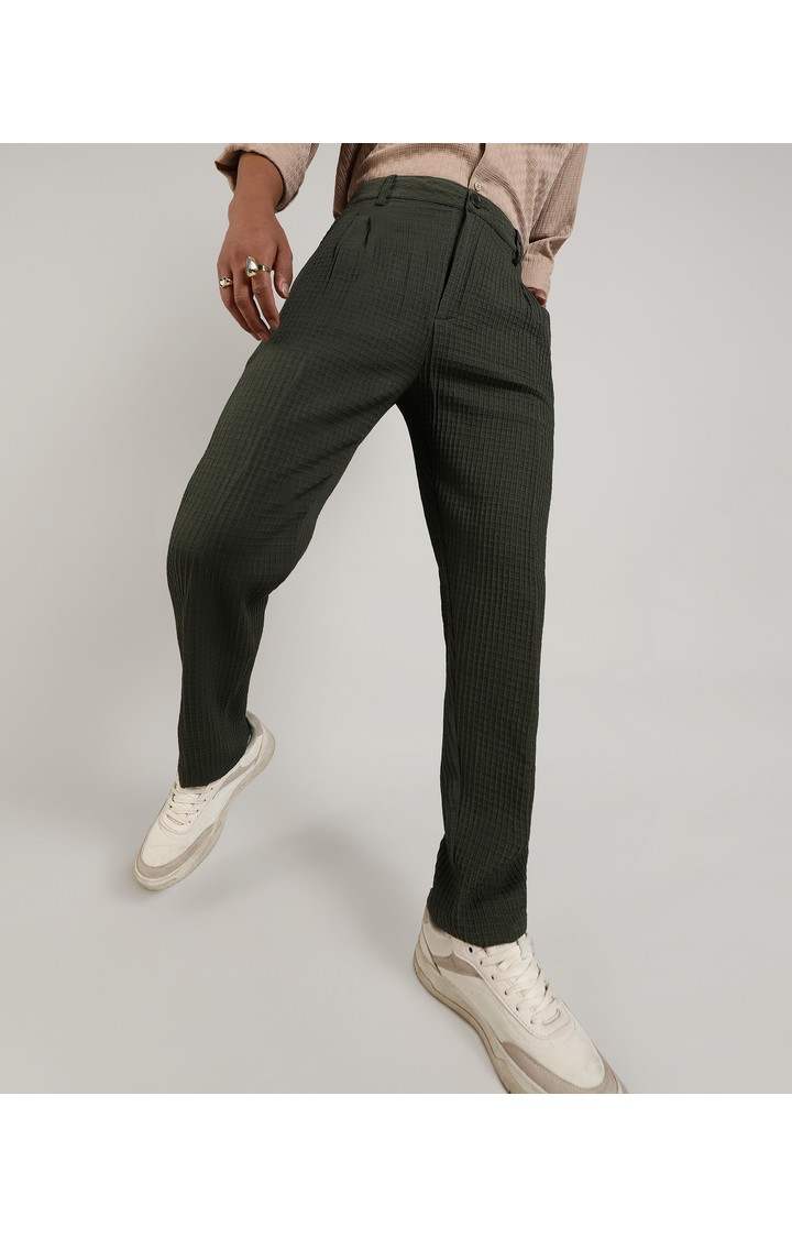 Men's Forest Green Solid Polyester Trousers