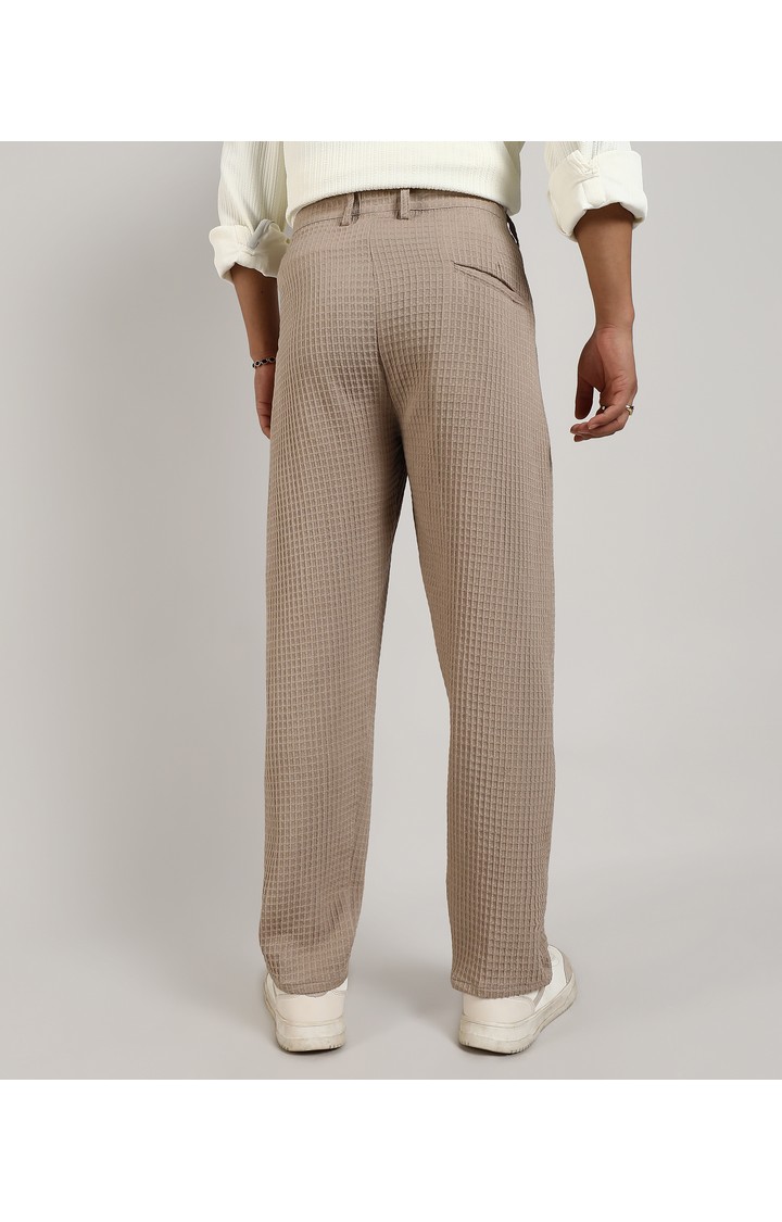 Men's Beige Solid Polyester Trousers