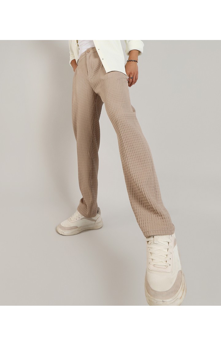 Men's Beige Solid Polyester Trousers