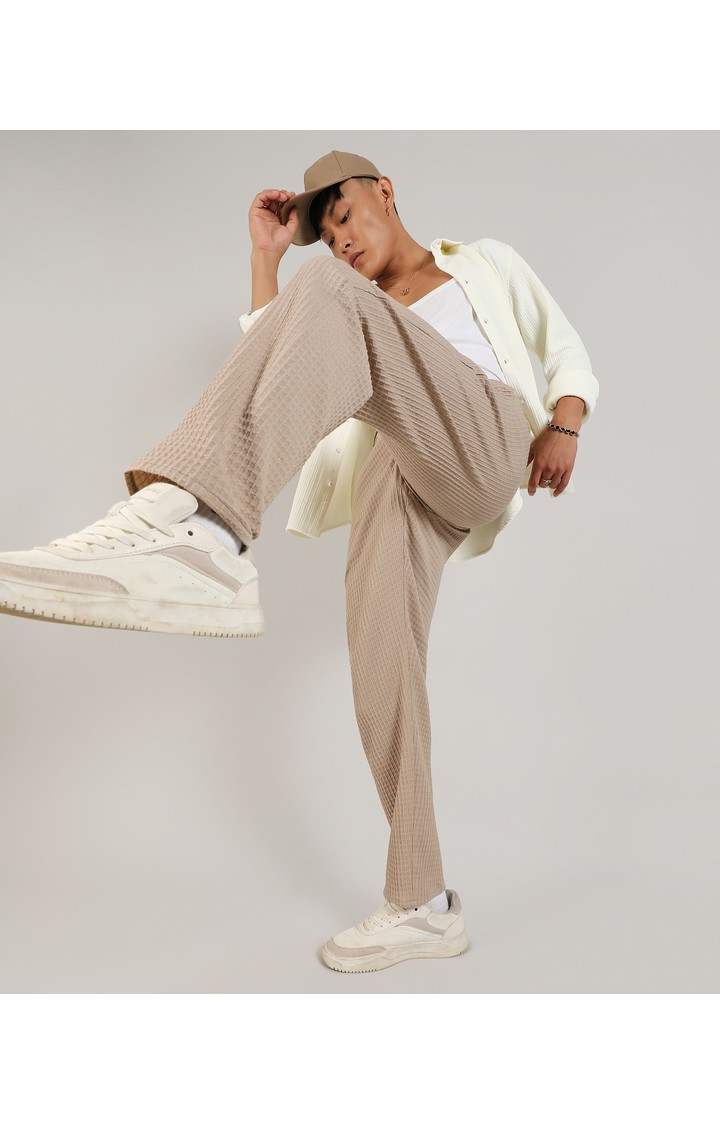 Men's Beige Solid Polyester Trousers