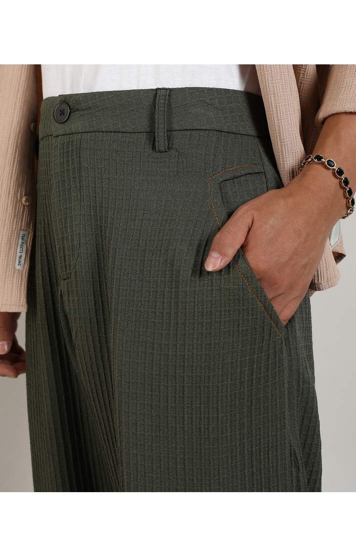 Men's Army Green Solid Polyester Trousers