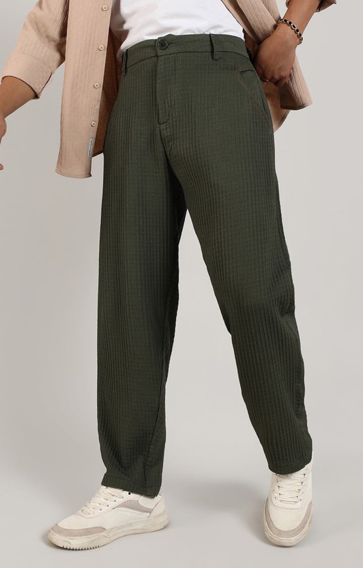 Men's Army Green Solid Polyester Trousers