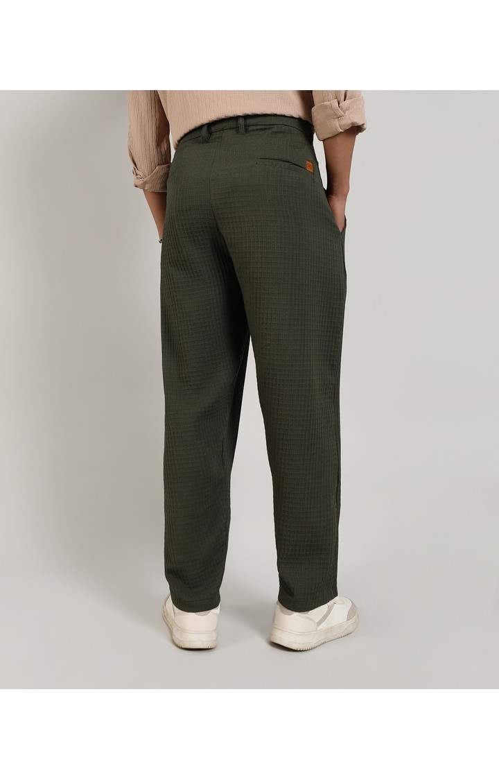 Men's Army Green Solid Polyester Trousers