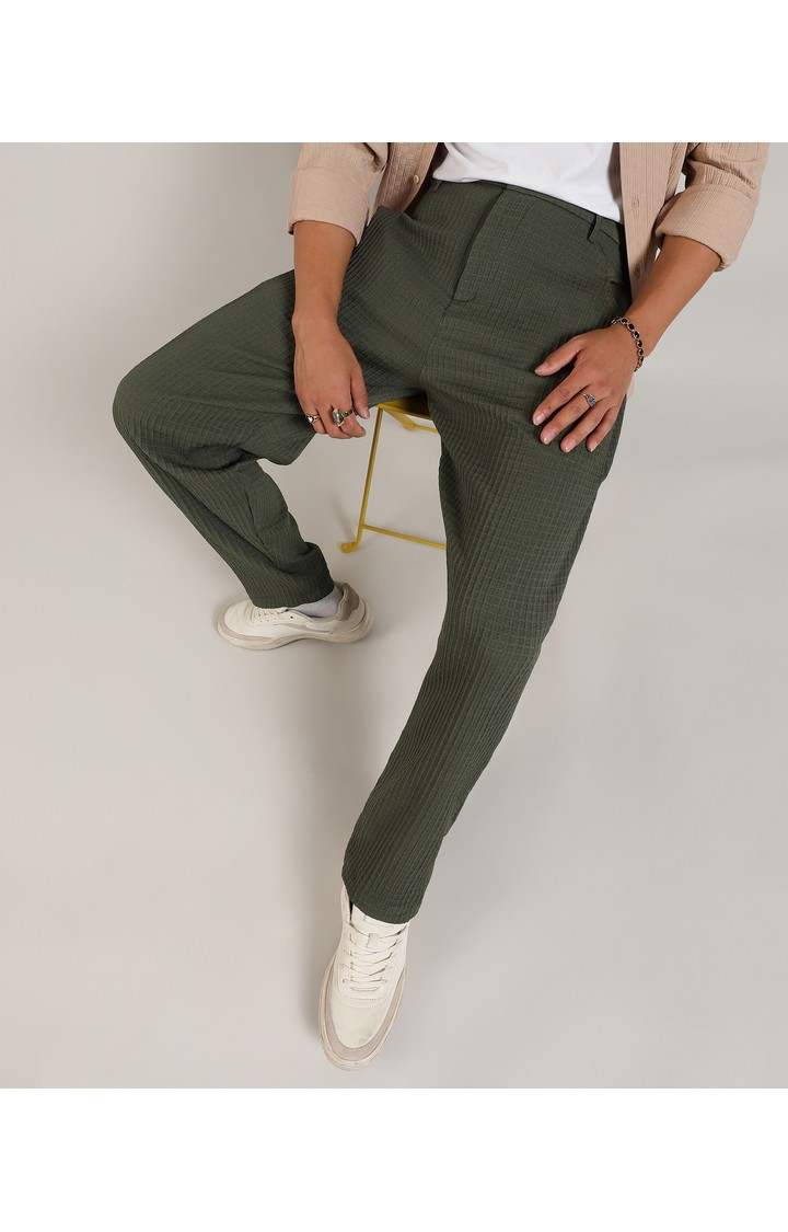 Men's Army Green Solid Polyester Trousers