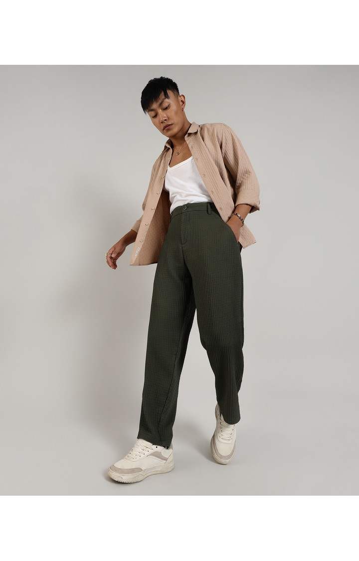Men's Army Green Solid Polyester Trousers