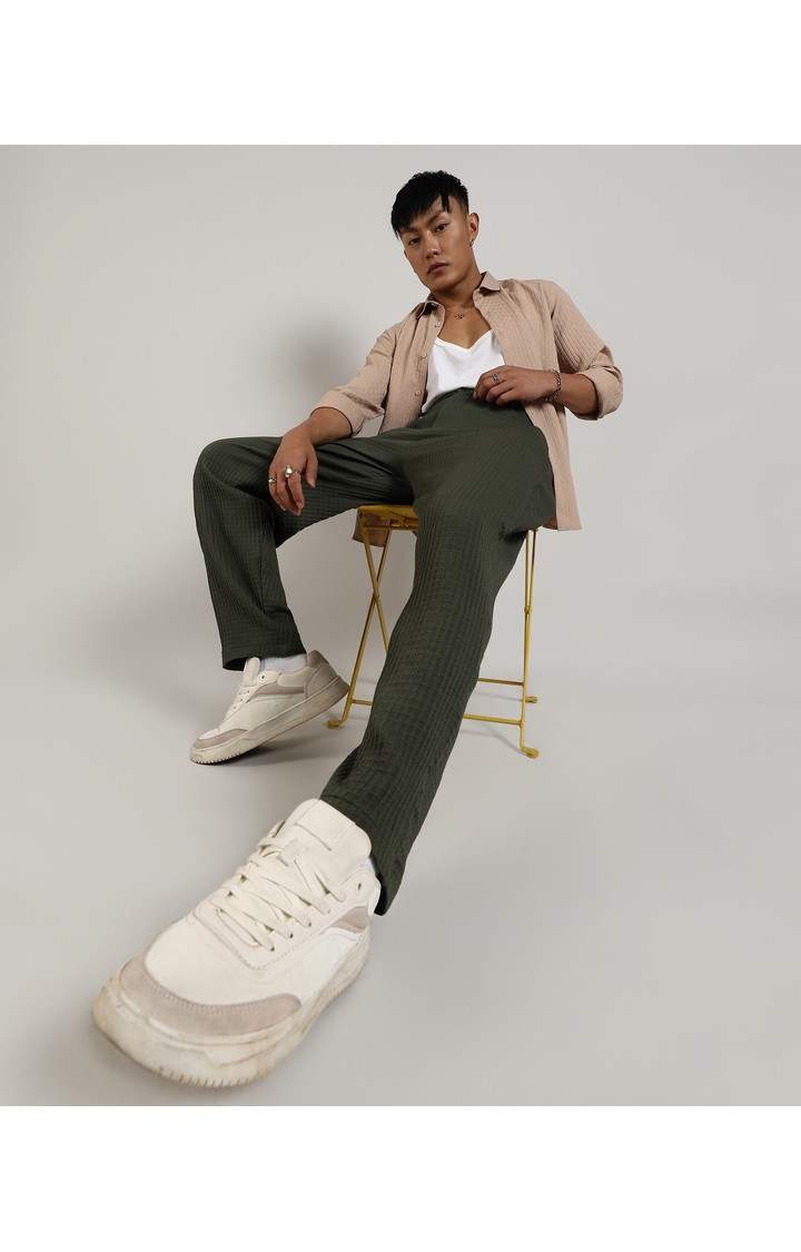Men's Army Green Solid Polyester Trousers
