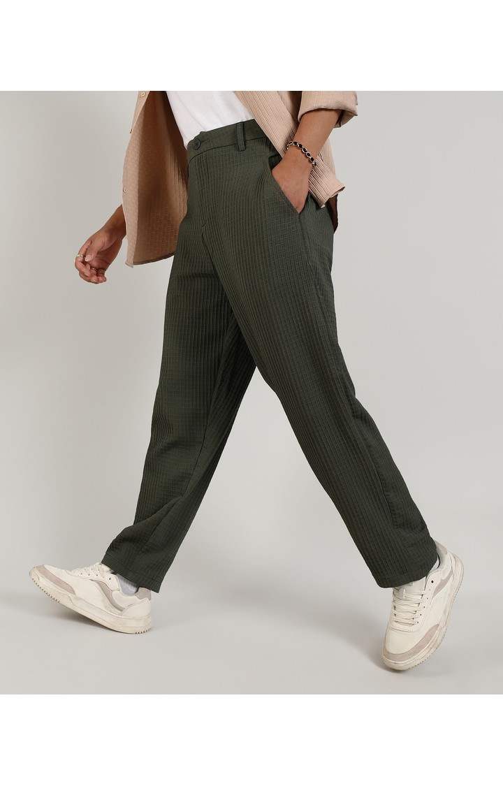 Men's Army Green Solid Polyester Trousers