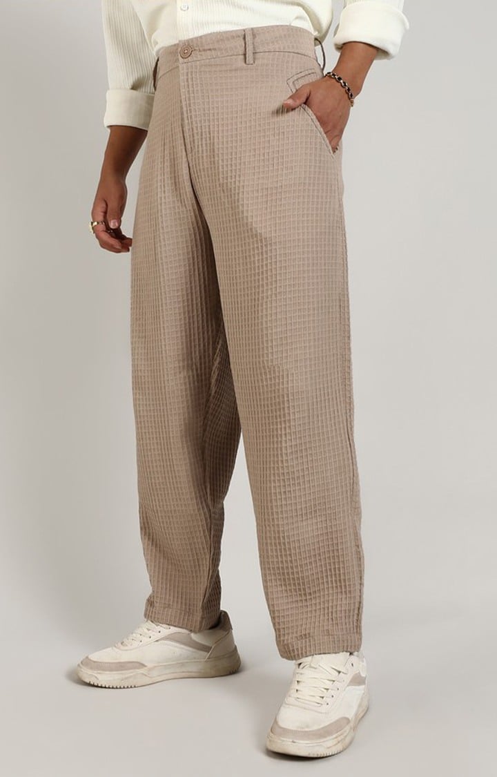 Men's Beige Solid Polyester Trousers
