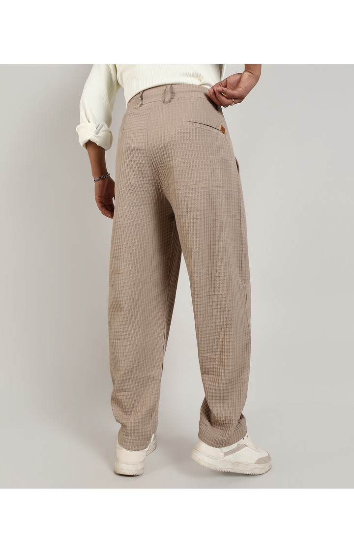 Men's Beige Solid Polyester Trousers