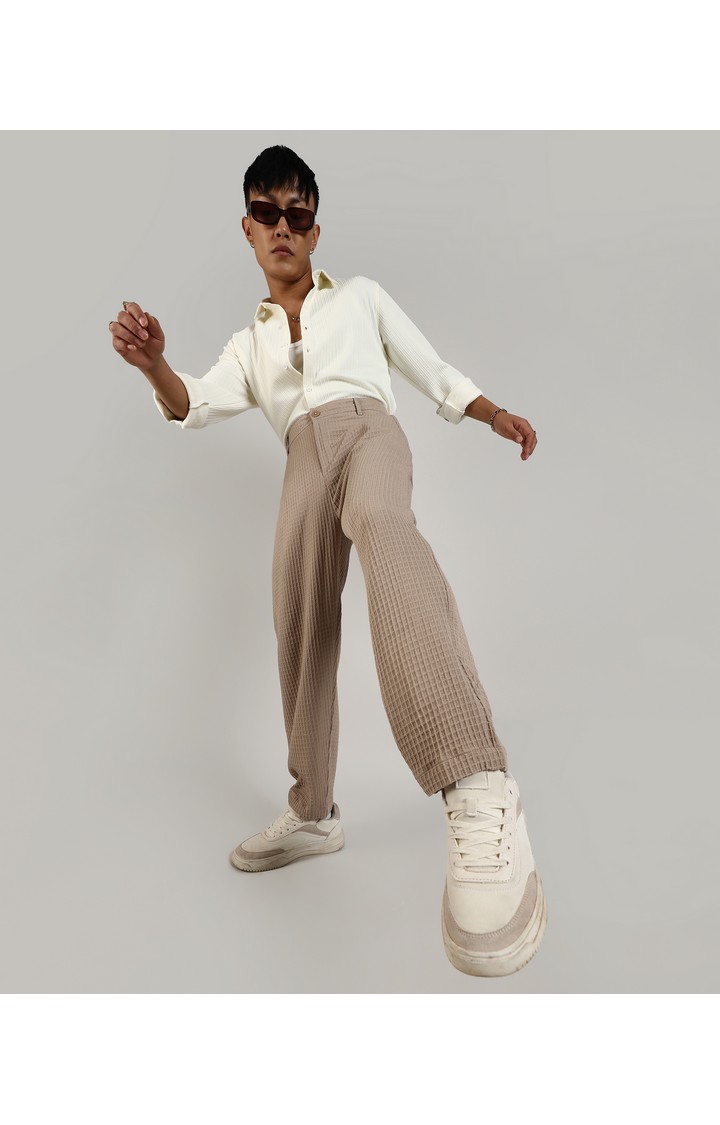 Men's Beige Solid Polyester Trousers