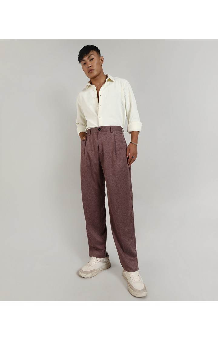 Men's Chocolate Brown Melange Polyester Trousers