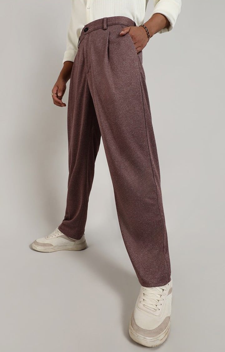 Men's Chocolate Brown Melange Polyester Trousers