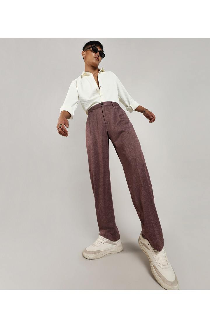 Men's Chocolate Brown Melange Polyester Trousers
