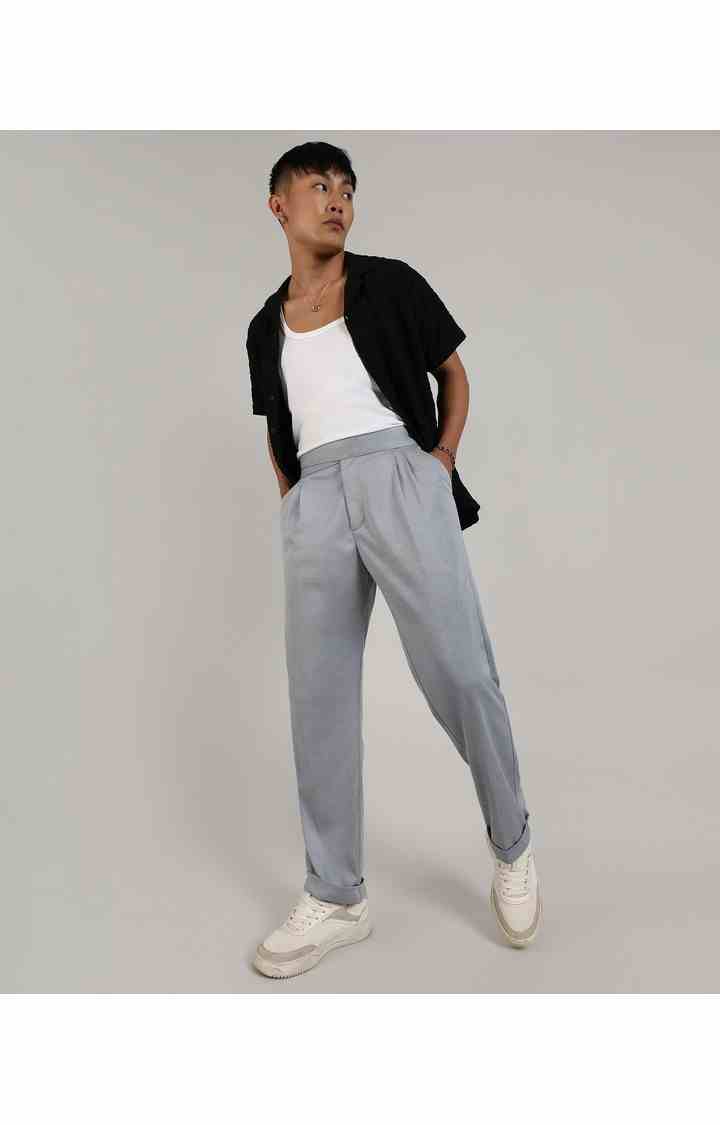 Men's Moon Grey Solid Polyester Trousers