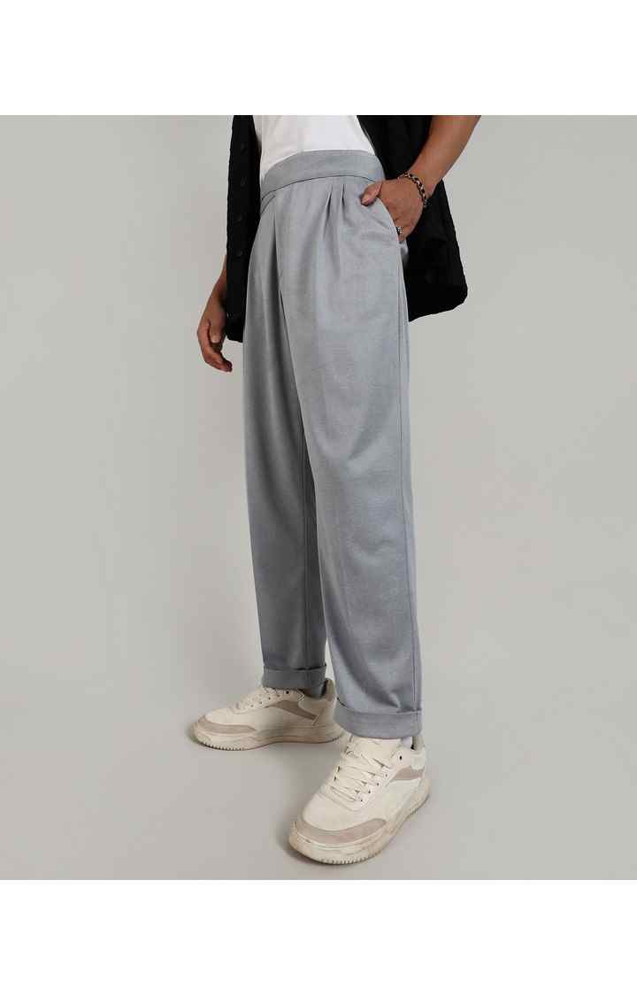Men's Moon Grey Solid Polyester Trousers