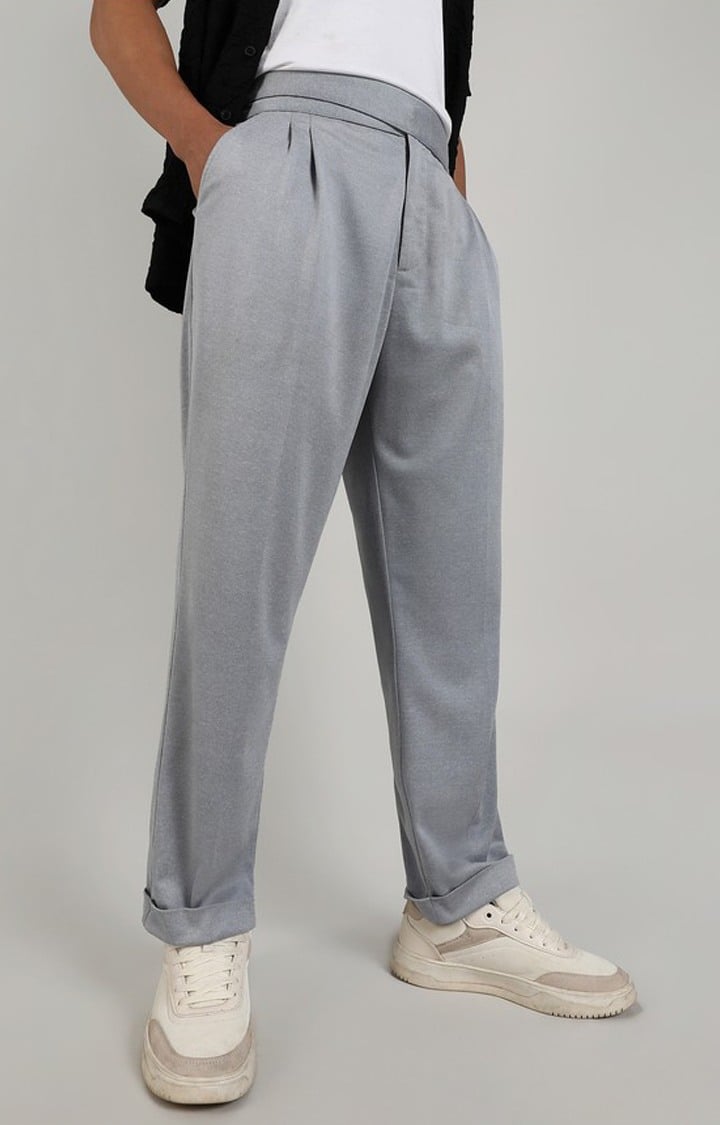 Men's Moon Grey Solid Polyester Trousers