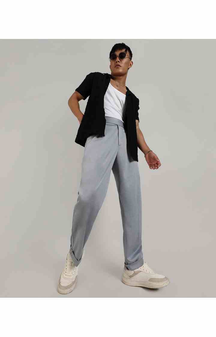 Men's Moon Grey Solid Polyester Trousers