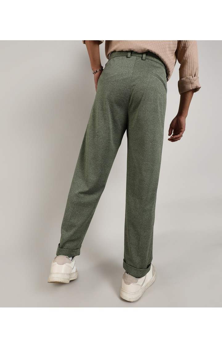 Men's Olive Green Solid Polyester Trousers