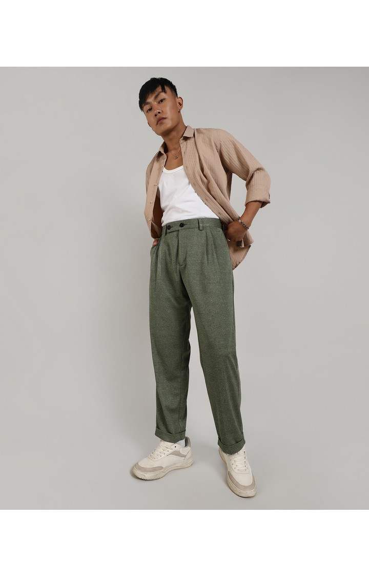 Men's Olive Green Solid Polyester Trousers