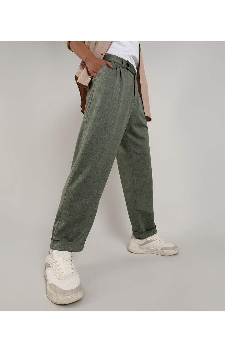 Men's Olive Green Solid Polyester Trousers
