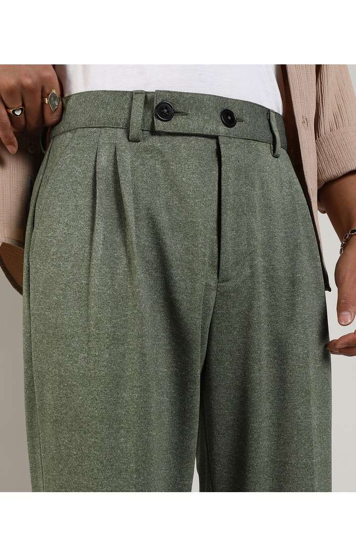 Men's Olive Green Solid Polyester Trousers