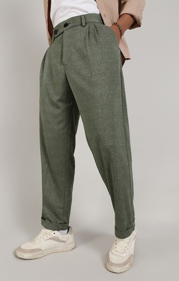 Men's Olive Green Solid Polyester Trousers