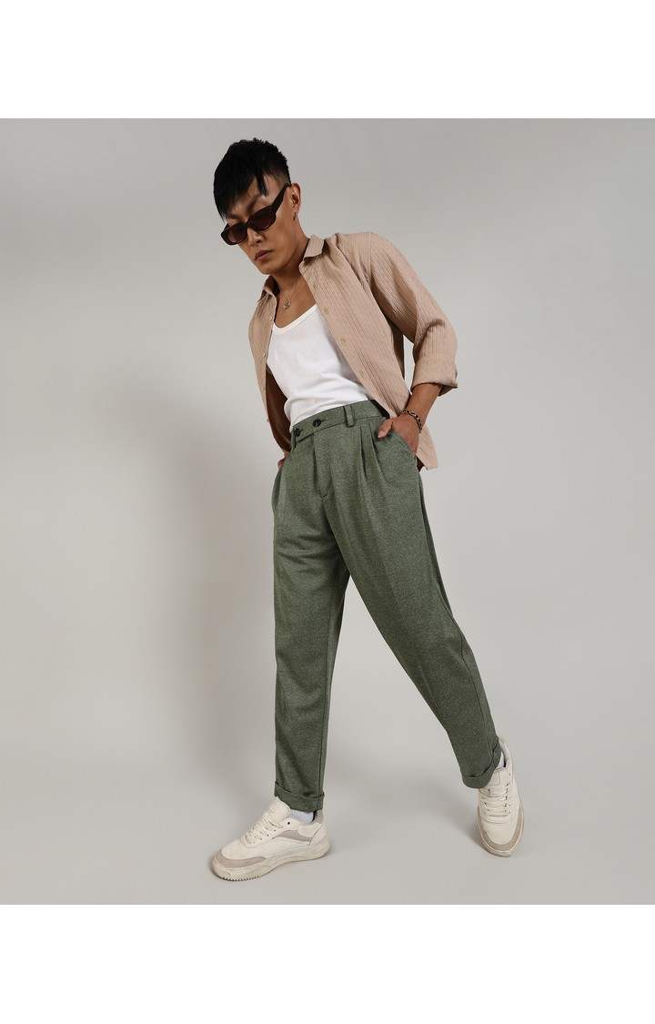 Men's Olive Green Solid Polyester Trousers