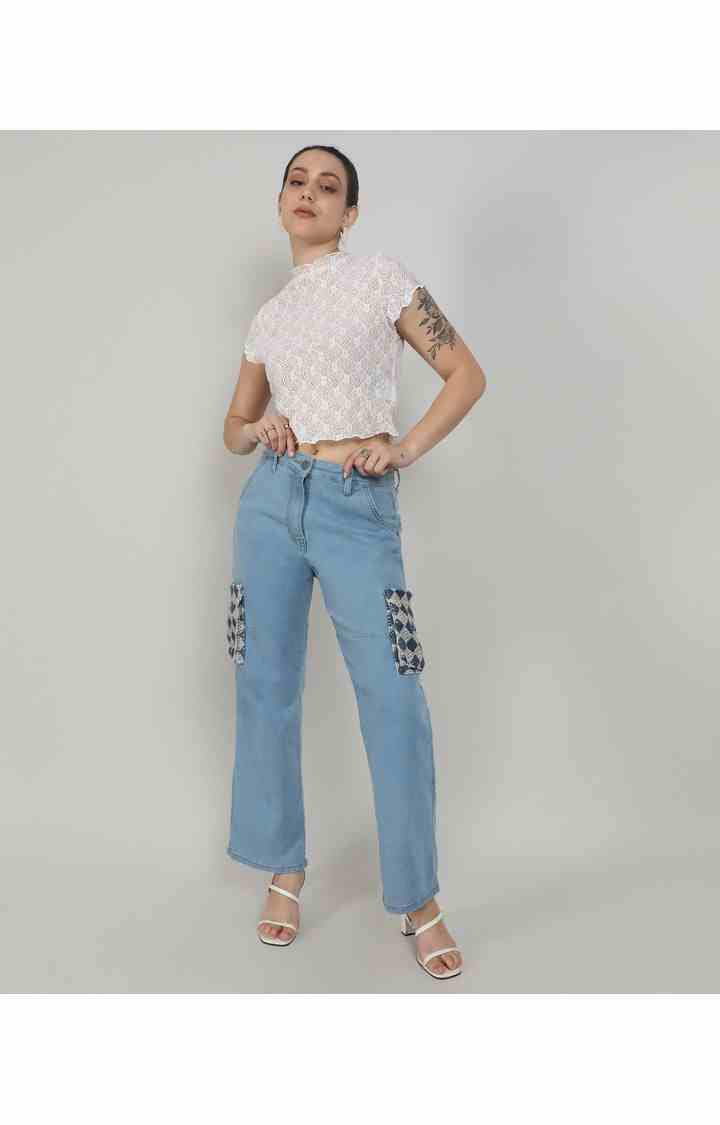 Women's Light Blue Patchwork Denim Cargos