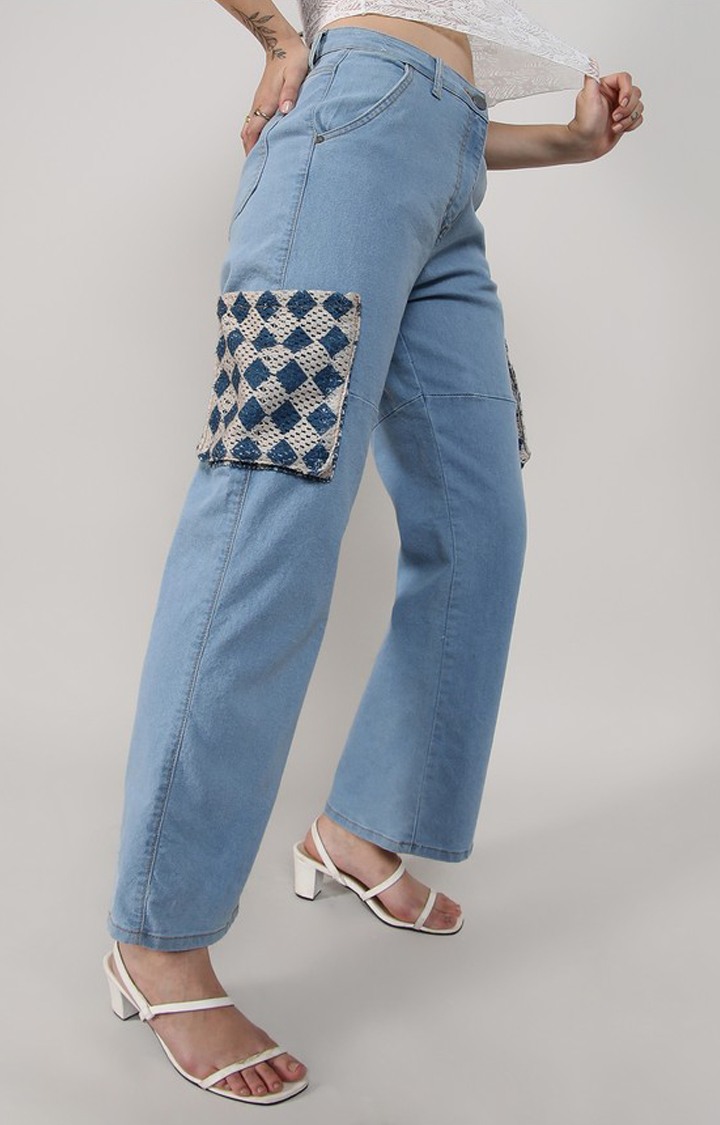 Women's Light Blue Patchwork Denim Cargos