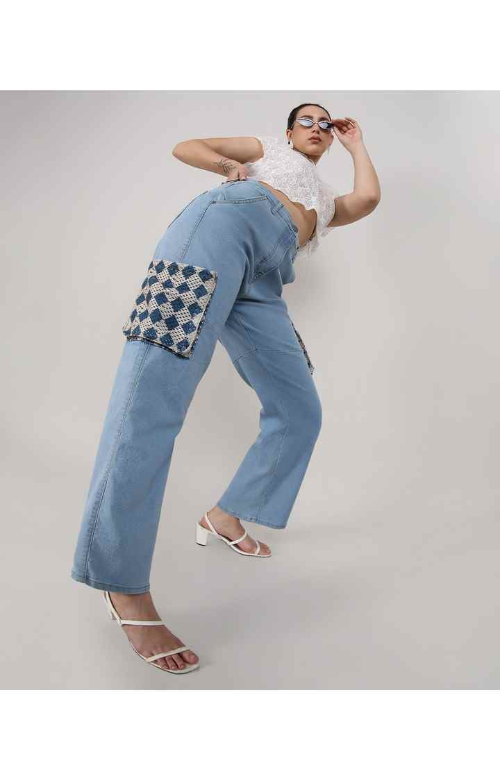 Women's Light Blue Patchwork Denim Cargos