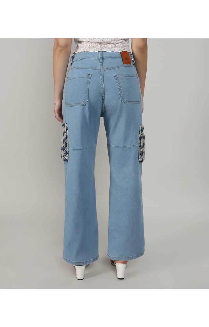 Women's Light Blue Patchwork Denim Cargos