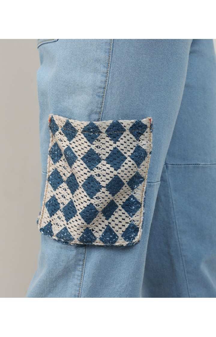 Women's Light Blue Patchwork Denim Cargos