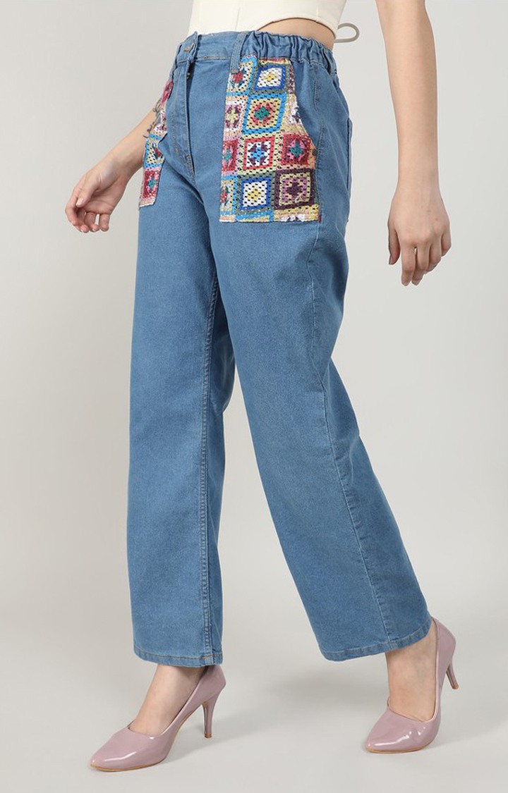 Women's Light Blue Patchwork Denim Mom Jeans