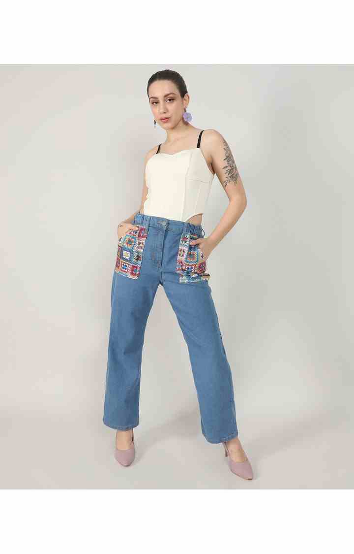 Women's Light Blue Patchwork Denim Mom Jeans