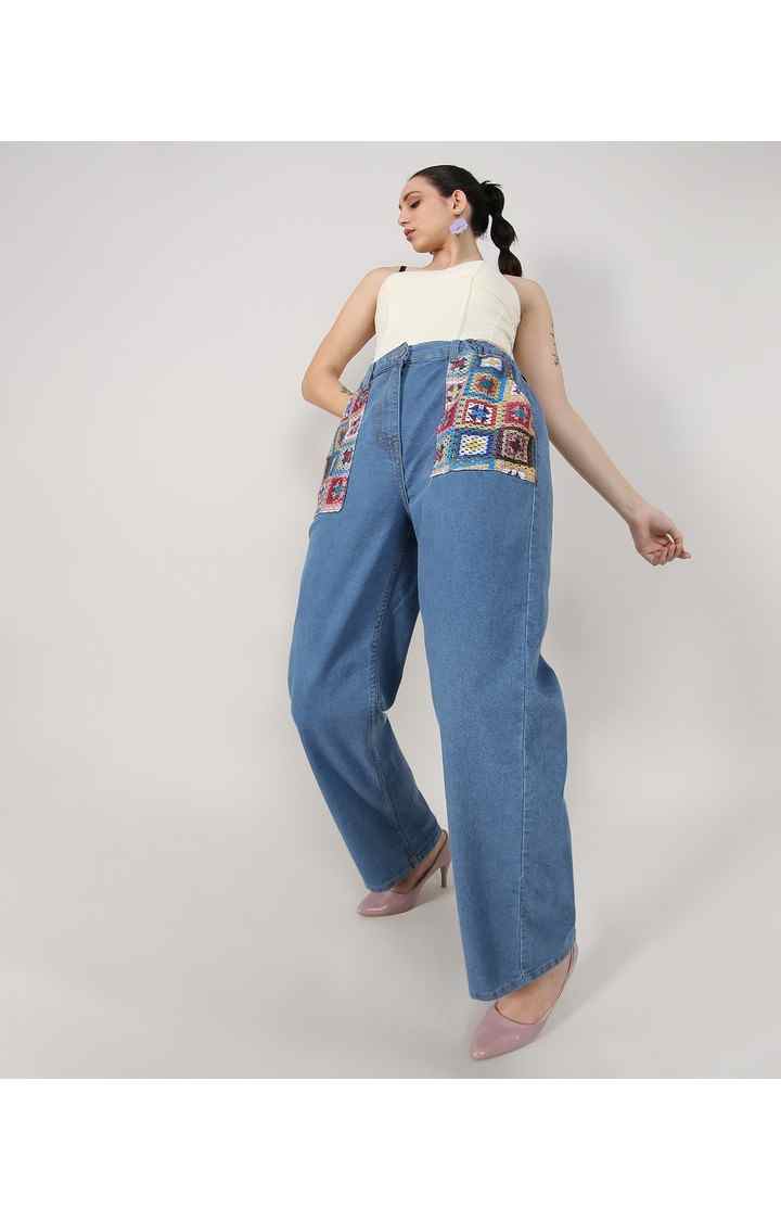 Women's Light Blue Patchwork Denim Mom Jeans