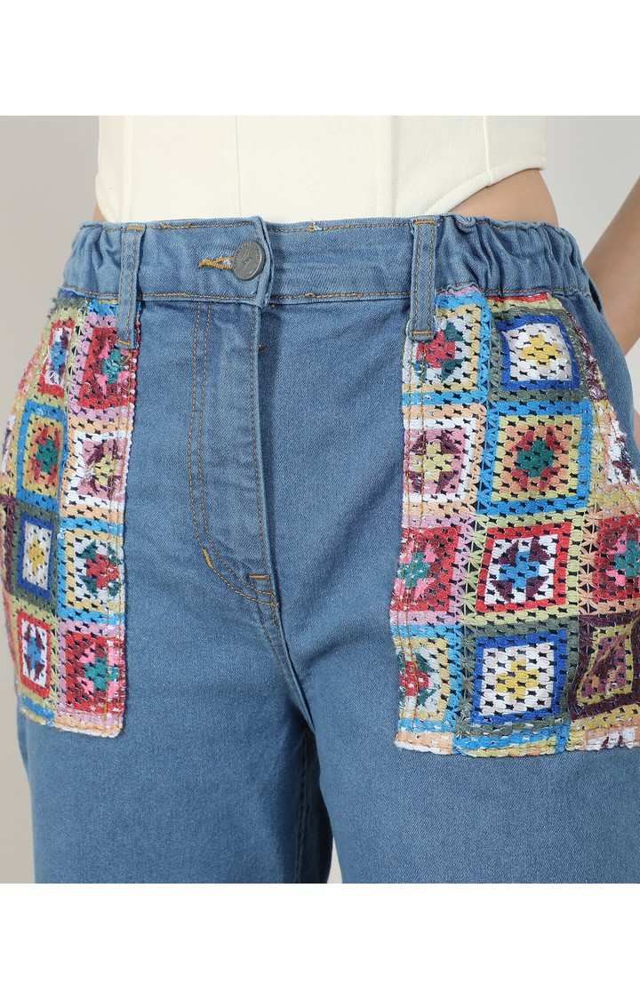 Women's Light Blue Patchwork Denim Mom Jeans